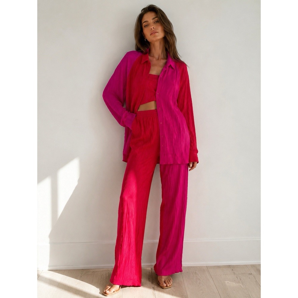 Women's 2 Pc Crinkle Texture Wide Leg Pants Shirt Oversized Color Block - Picture 2 of 8